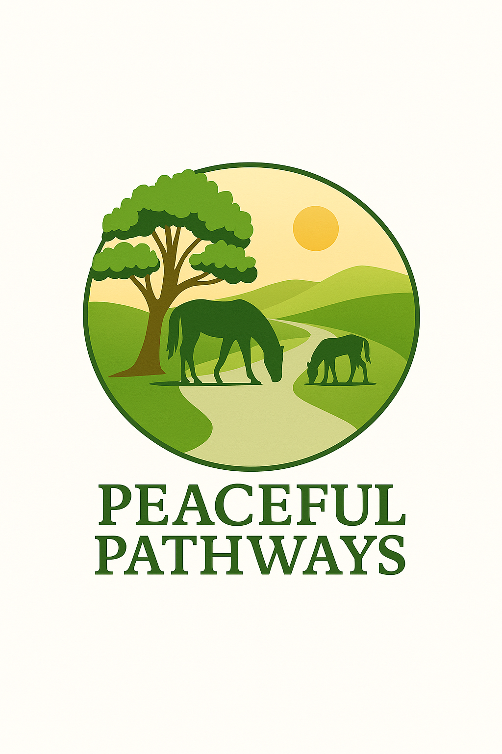 Peaceful Pathways logo featuring horses on a nature path